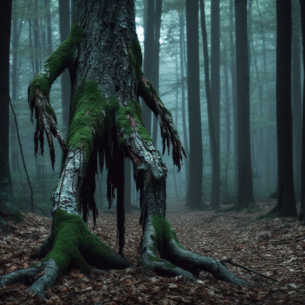 A spooky tree walking through the forest without feet or hands